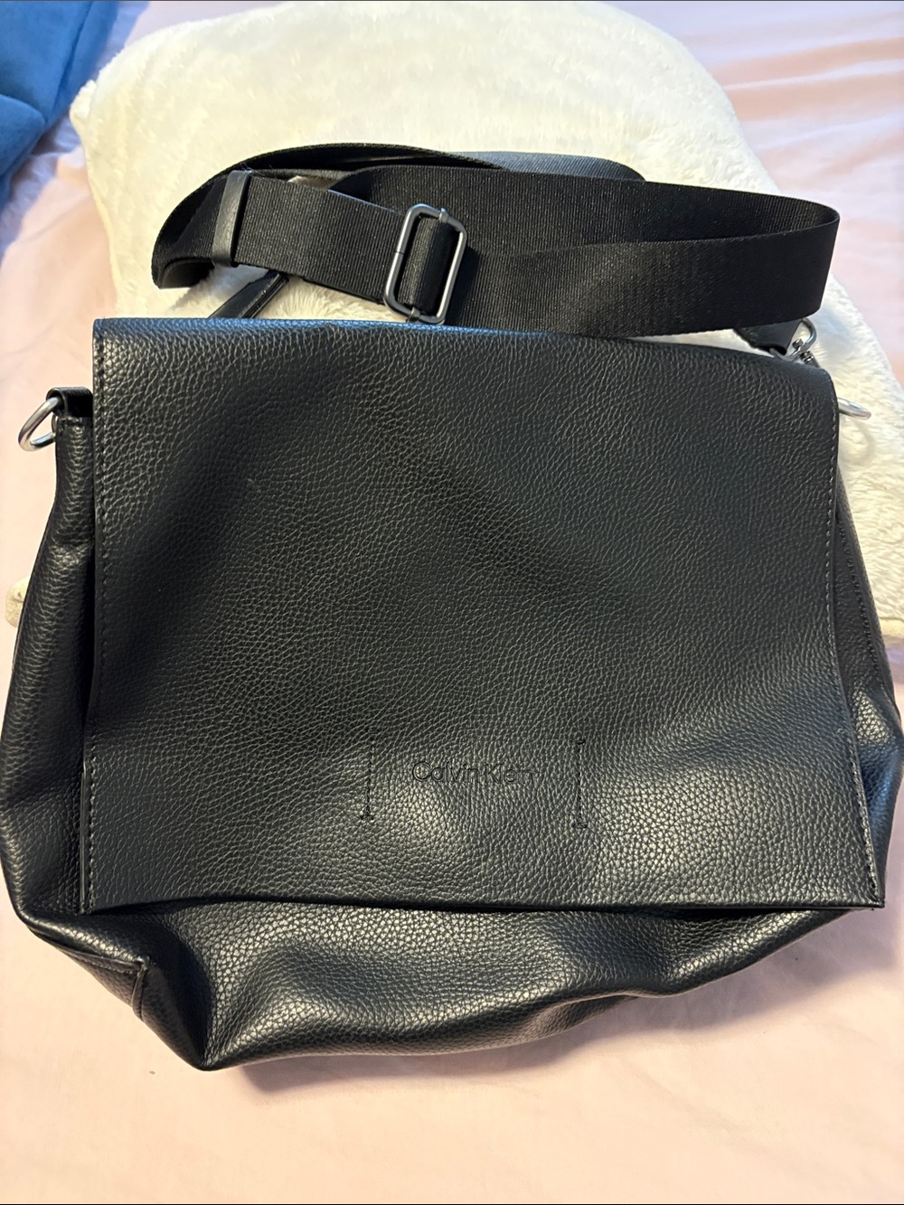 Calvin Klein Black Pebbled Leather Messenger Bag with Webbing Strap